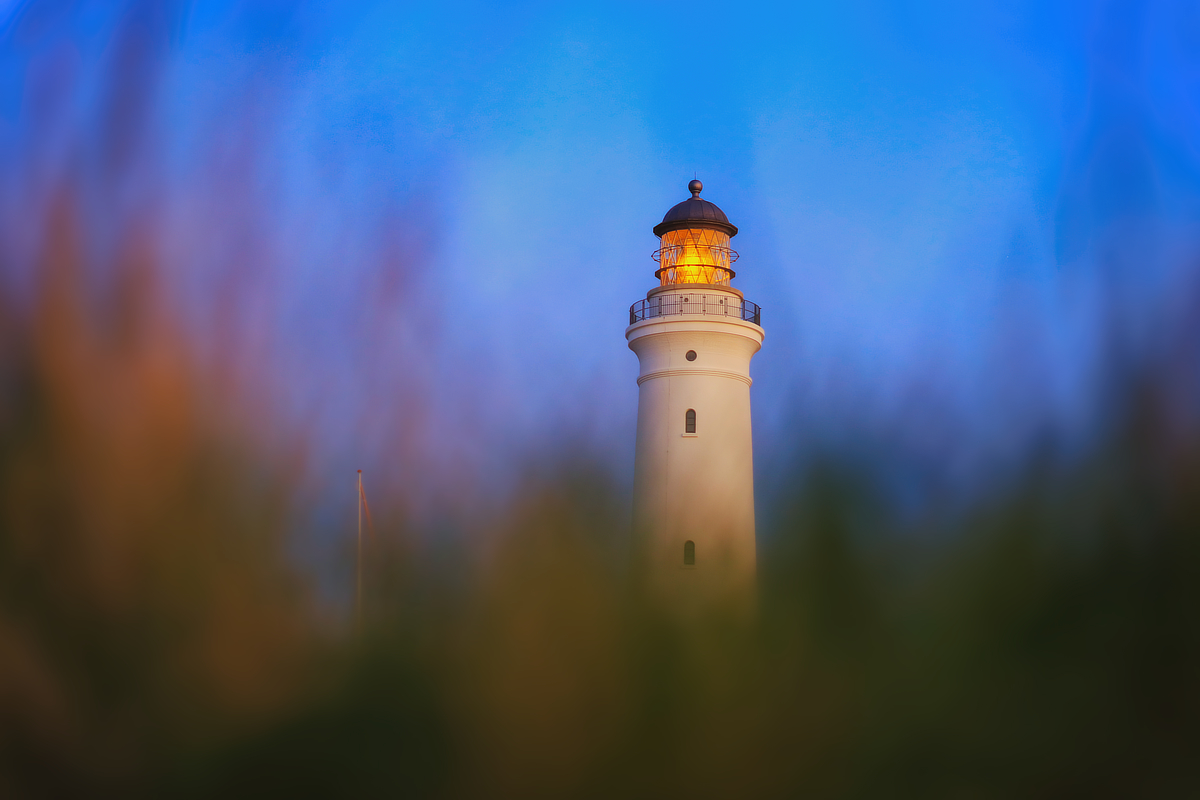 Leuchtturm mit warm leuchtender Laterne in der blauen Stunde, gesehen durch weich unscharfe Gräser im Vordergrund.