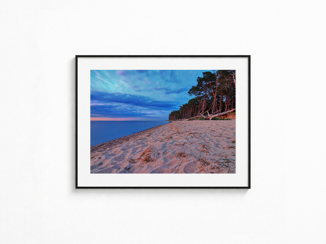 Visualisierung der Fotografie „Küstenflüstern“ in schwarzem Rahmen mit weißem Passepartout an einer hellen Wand. Weiter Sandstrand mit ruhigem Meer und windgeformten Küstenkiefern unter blau-violettem Abendhimmel.