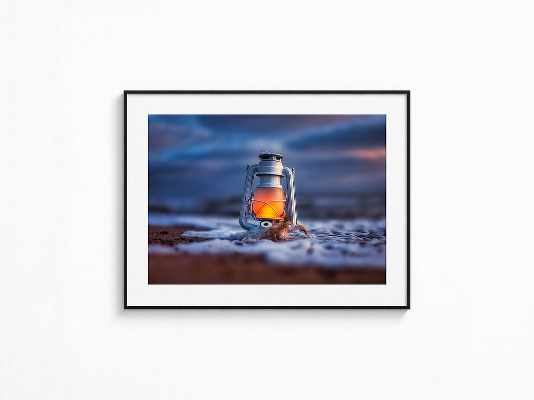 Visualisierung der Fotografie „Lichtwellenreiter“ in schwarzem Rahmen mit weißem Passepartout an einer hellen Wand. Zwei junge Menschen im Rollstuhl sitzen nebeneinander am Ufer und blicken über das Wasser. Über ihnen stehen mehrere Kites im weiten Abendhimmel.