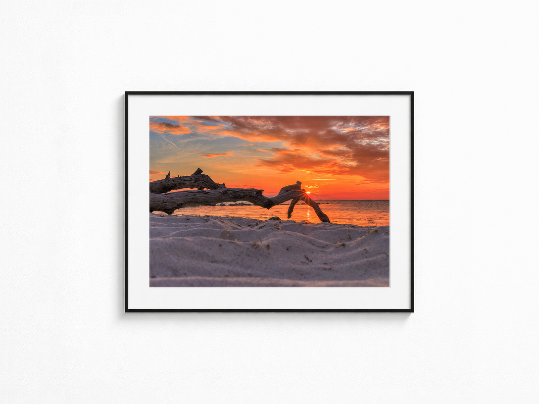 Visualisierung der Fotografie „Wortlos“ in schwarzem Rahmen mit weißem Passepartout an einer hellen Wand. Verwitterter Baumstamm im Vordergrund eines Sandstrandes vor leuchtend orangefarbenem Sonnenuntergang über dem Meer.