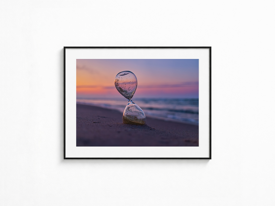 Visualisierung der Fotografie „Zeitlos“ in schwarzem Rahmen mit weißem Passepartout an einer hellen Wand. Gläserne Sanduhr mit glitzerndem Sand am Strand vor unscharfem Meer und pastellfarbenem Abendhimmel.